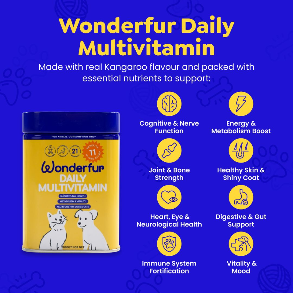 Wonderfur Daily Multivitamin wellness support infographic for dogs and cats