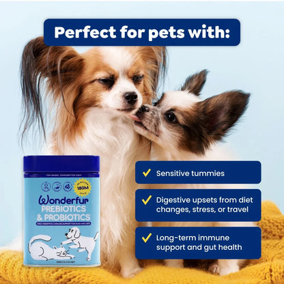 Wonderfur digestive support powder shown with an adult dog and puppy