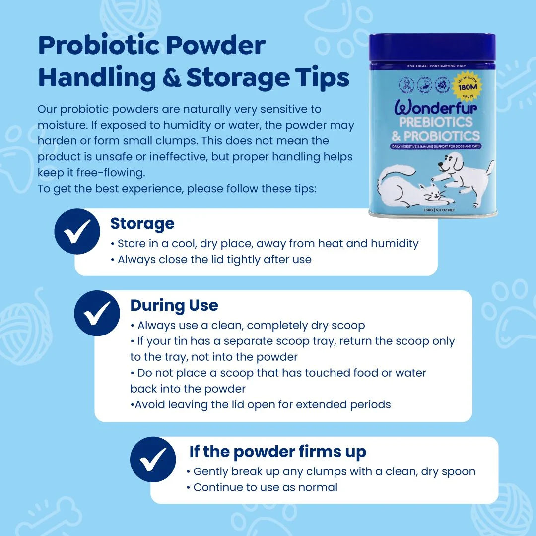 Storage and handling guide for Wonderfur Prebiotics and Probiotics powder