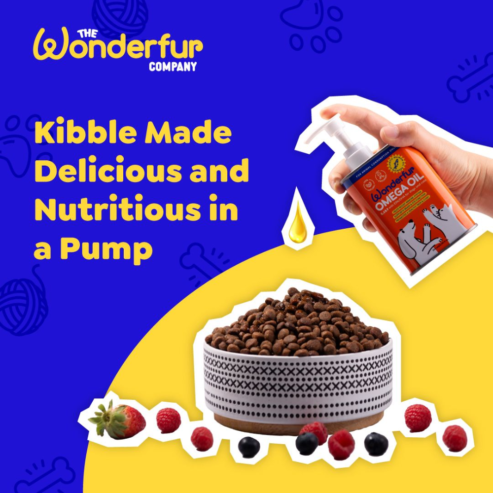 Wonderfur Super Omega Oil being dispensed over dry pet food