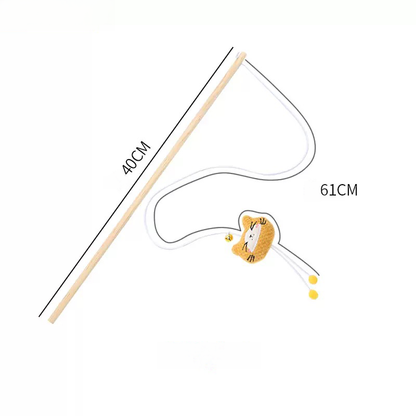 Dimensions for the orange cat plush teaser wand, showing a 40cm natural wood handle and a 61cm bouncy elastic string attached to the cute fleece character.