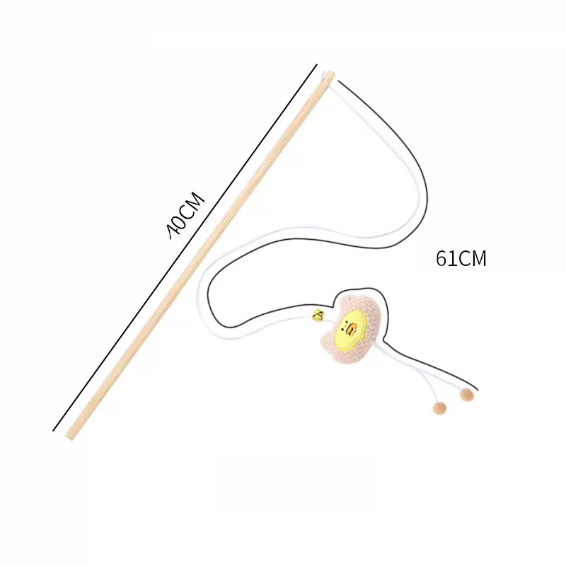 Product dimensions for the yellow duck plush cat wand, indicating a 40cm solid wood handle length and a 61cm flexible elastic string length.