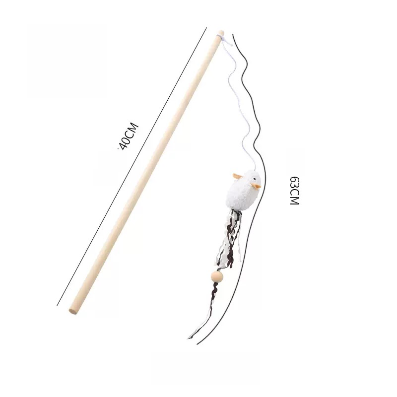 Measurement specifications for the white plush mouse interactive cat toy, featuring a 40cm wooden stick and a 63cm elastic cord designed to give your cat a high-energy workout.