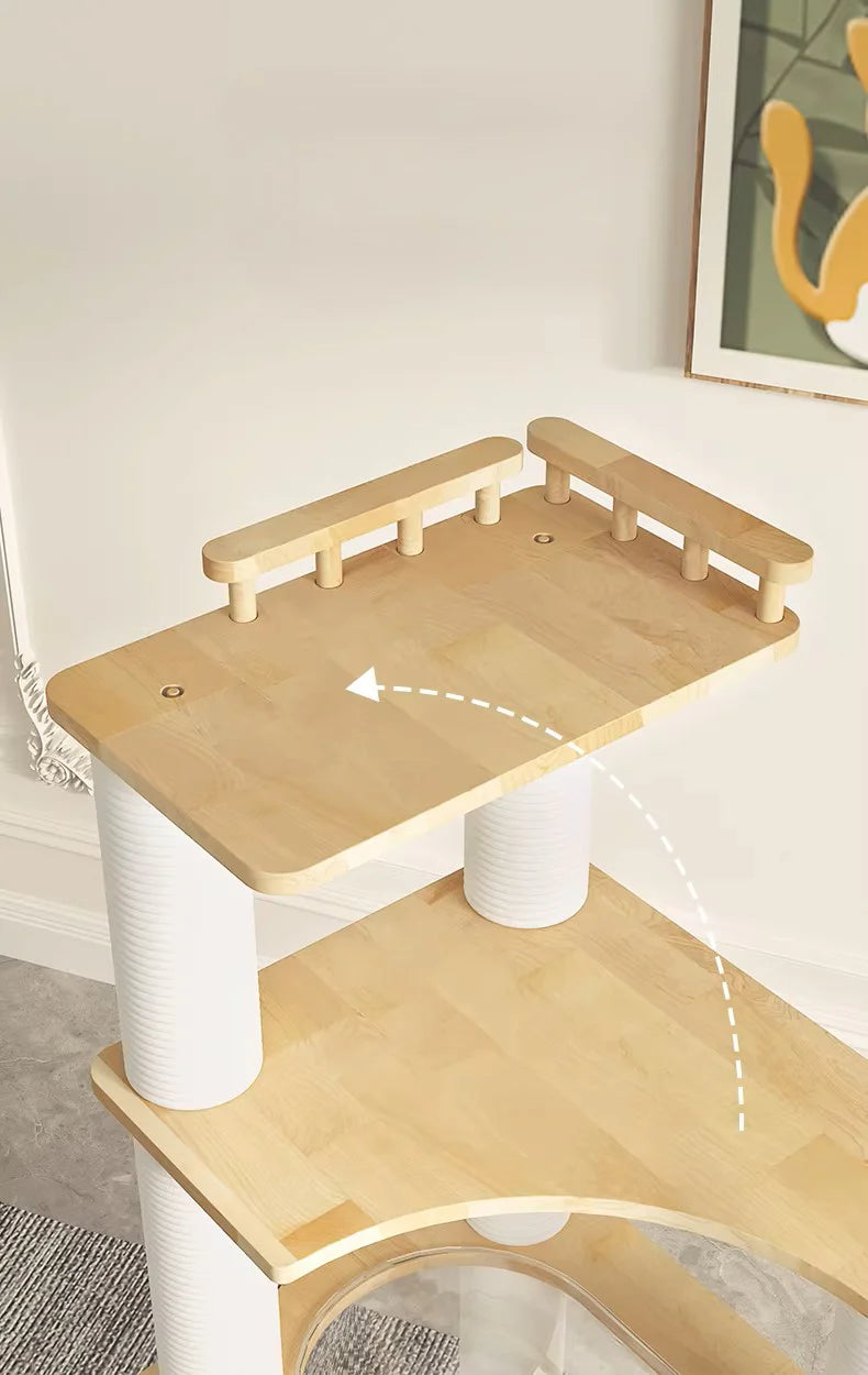 Wooden cat tree with a platform and scratching posts against a white wall.