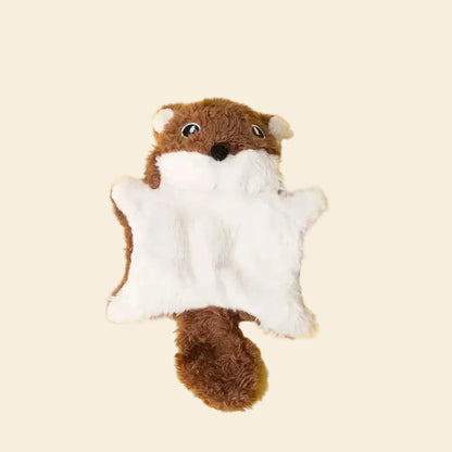 A brown plush flying squirrel toy displayed flat on a vibrant yellow background.