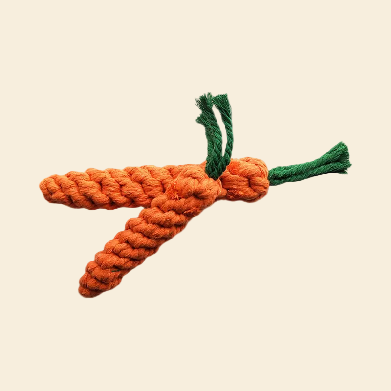 Two crossed woven rope carrot dog toys on a white background, showing the thick, bite-resistant braided texture and the frayed green leaf top designed for dental flossing.