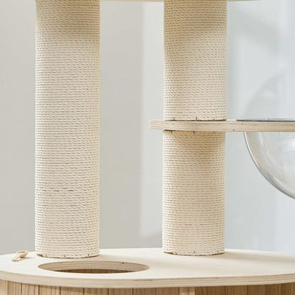 Detail shot showing the scratching pillars and solid wood platform joints.