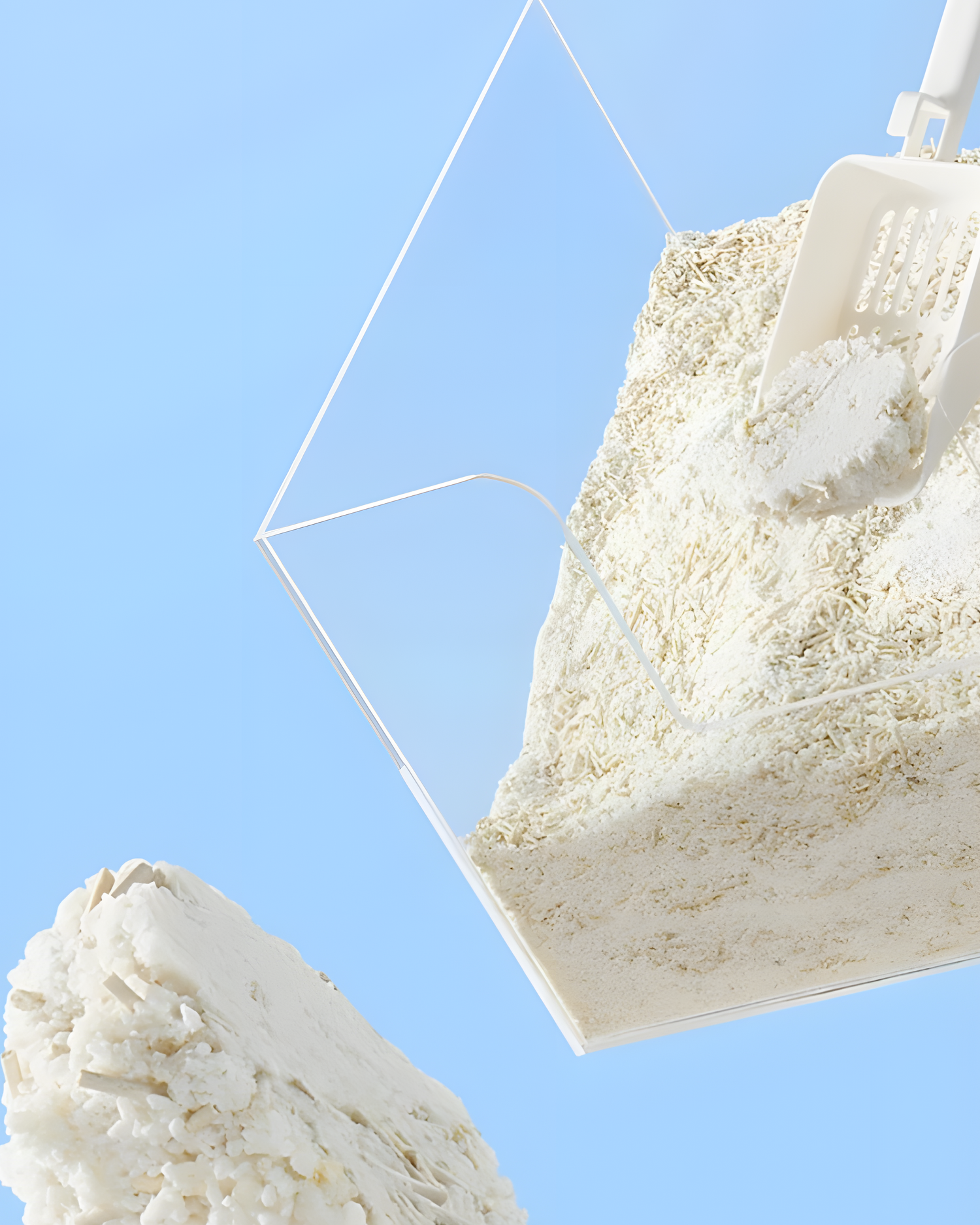 Close-up of a scoop lifting a solid clump of XU Cuihua mixed Cat Litter. Demonstrates the non-stick formula that prevents litter from gluing to the bottom