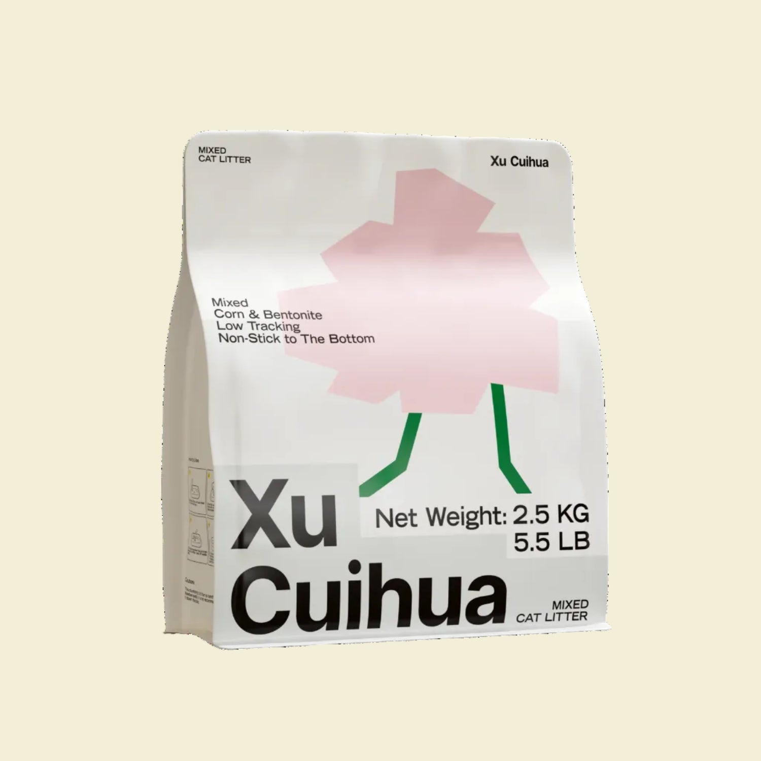 Front packaging of the 2.5kg Xu Cuihua Mixed Cat Litter, featuring a minimalist pink graphic and text highlighting its low tracking, non-stick corn and bentonite blend.