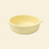 Full product view of the pastel yellow Mango Dual-Ear Ceramic Pet Bowl on a white background, highlighting its stable wide base and convenient side handles.