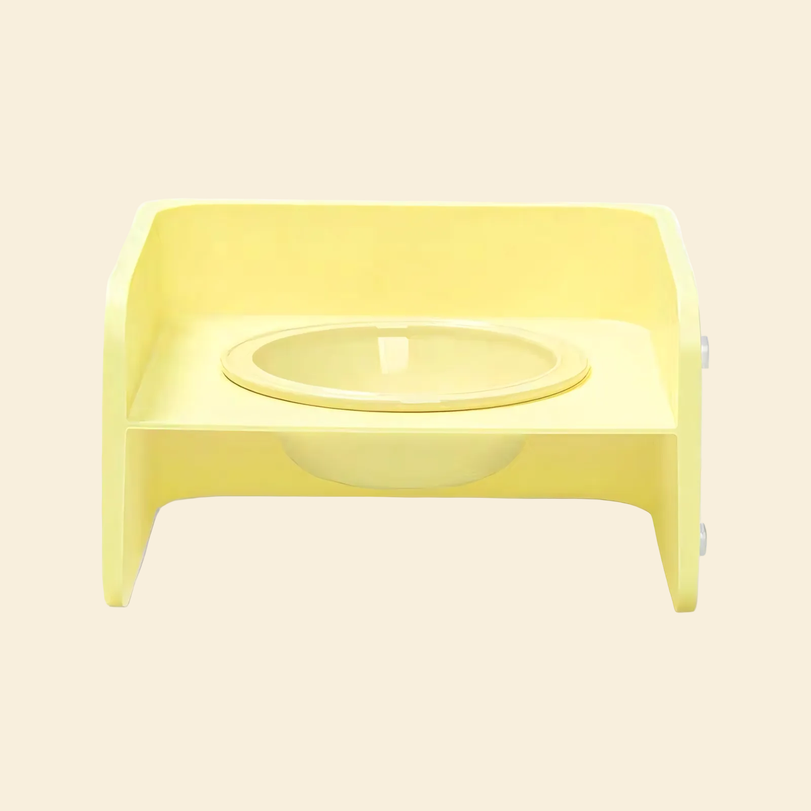 Clean front view of the yellow Mango Square Table Ceramic Pet Bowl, showing the smooth, durable ABS plastic stand and the perfectly fitted curved ceramic bowl.
