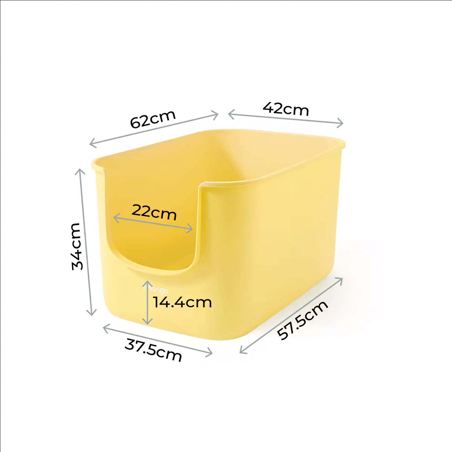 Dimensional graphic of the pastel yellow Mango open-top litter box, highlighting the space-saving side entry, 62cm length, and 34cm high walls.