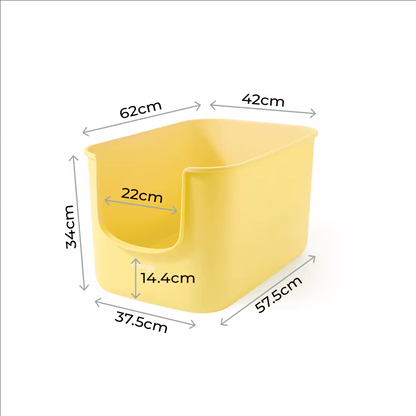 Dimensional graphic of the pastel yellow Mango open-top litter box, highlighting the space-saving side entry, 62cm length, and 34cm high walls.
