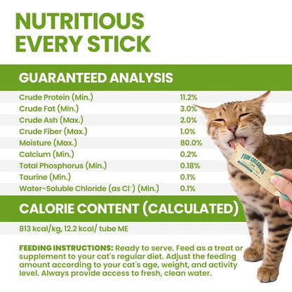An informational graphic showing the Guaranteed Analysis of OPET Yum Creamies, including 11.2% minimum protein. A happy tabby cat is shown enthusiastically licking the chicken flavor treat directly from the green tube.
