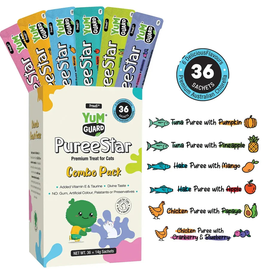 YumGuard Puree Star Cat Treats Combo Pack containing 36 sachets. Shows the assortment of 6 flavors including Tuna with Pumpkin, Tuna with Pineapple, Hake with Mango, Hake with Apple, Chicken with Papaya, and Chicken with Cranberry &amp; Blueberry.
