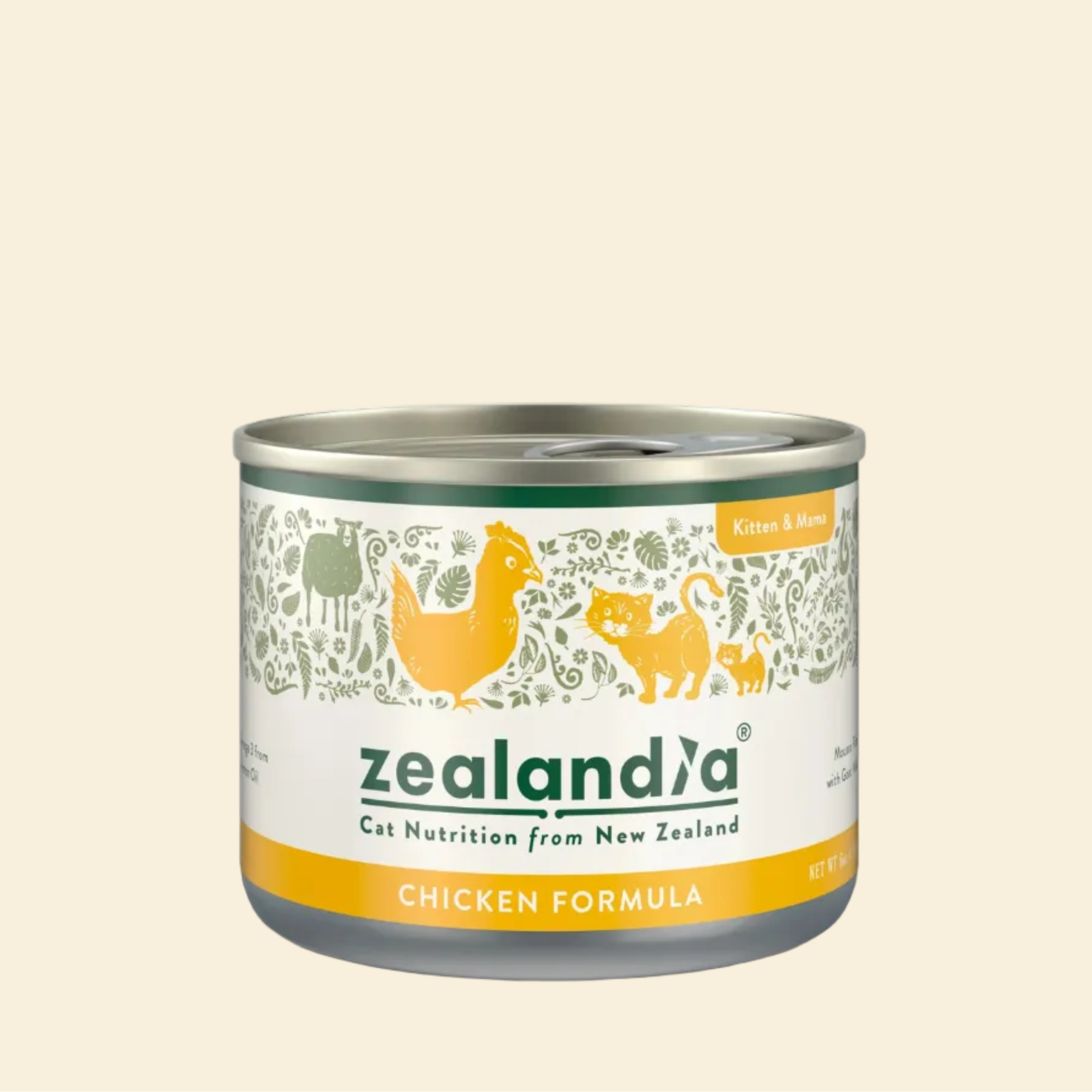 Front view of the ZEALANDIA Chicken Mousse Pâté Kitten &amp; Mama wet cat food can, featuring beautiful botanical illustrations and highlighting its New Zealand origin.