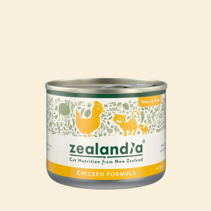 Front view of the ZEALANDIA Chicken Mousse Pâté Kitten &amp; Mama wet cat food can, featuring beautiful botanical illustrations and highlighting its New Zealand origin.
