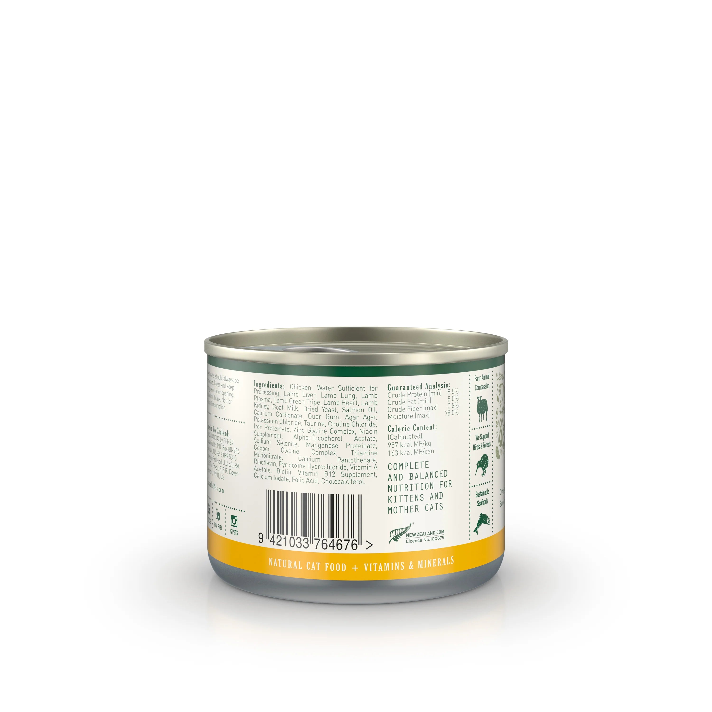 Side view of the ZEALANDIA can showing the Guaranteed Analysis, caloric content (957 kcal ME/kg), and icons representing sustainable and ethical sourcing.