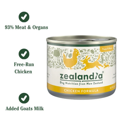 Graphic highlighting key benefits: Free-Run Chicken and Added Goats Milk, tailored for the nutritional needs of young and developing pets.