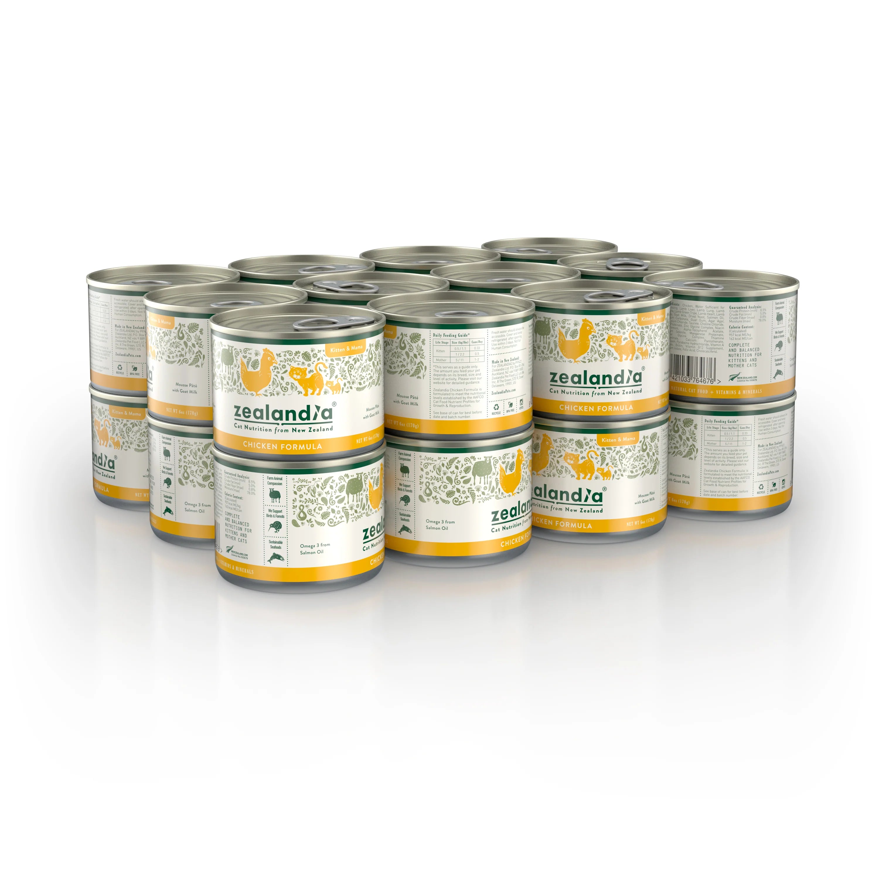 A slab of 24 ZEALANDIA Chicken Mousse Pâté 170g cans, ideal for bulk purchasing for growing kittens and nursing mother cats.