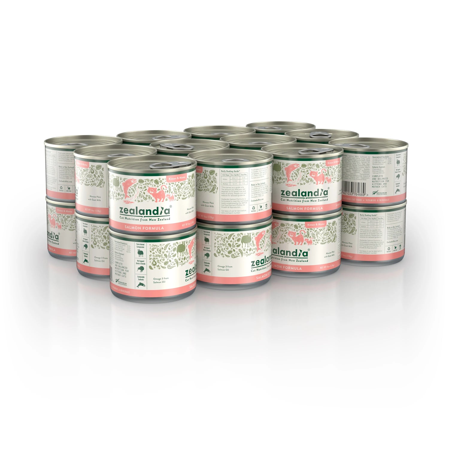 A bulk 24-can slab of ZEALANDIA Salmon Mousse Pâté 170g wet cat food, perfect for multi-cat households, growing kittens, and nursing mother cats.