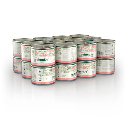 A bulk 24-can slab of ZEALANDIA Salmon Mousse Pâté 170g wet cat food, perfect for multi-cat households, growing kittens, and nursing mother cats.