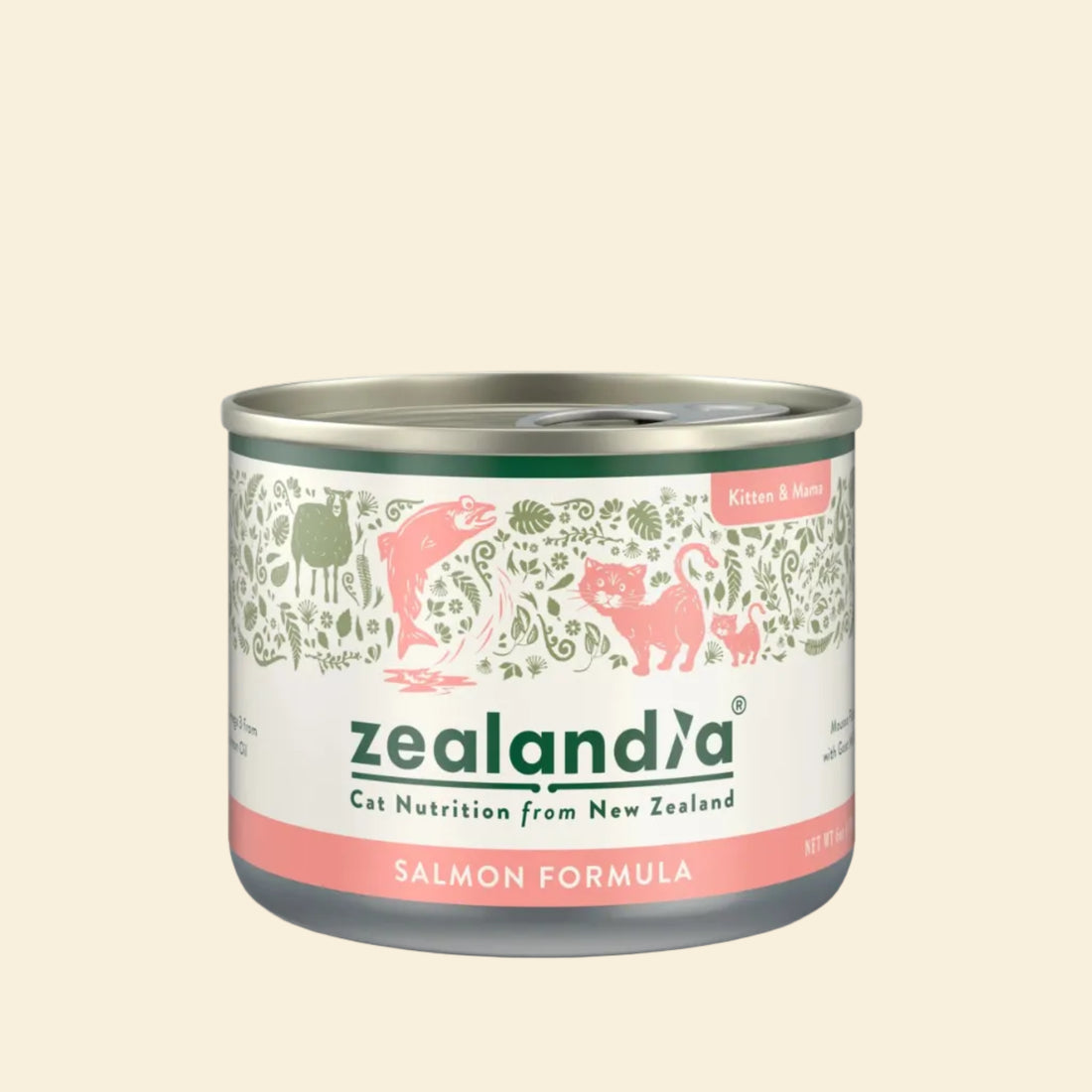 Front view of the ZEALANDIA Salmon Mousse Pâté Kitten &amp; Mama wet cat food can, featuring elegant botanical illustrations and a salmon pink formula band.