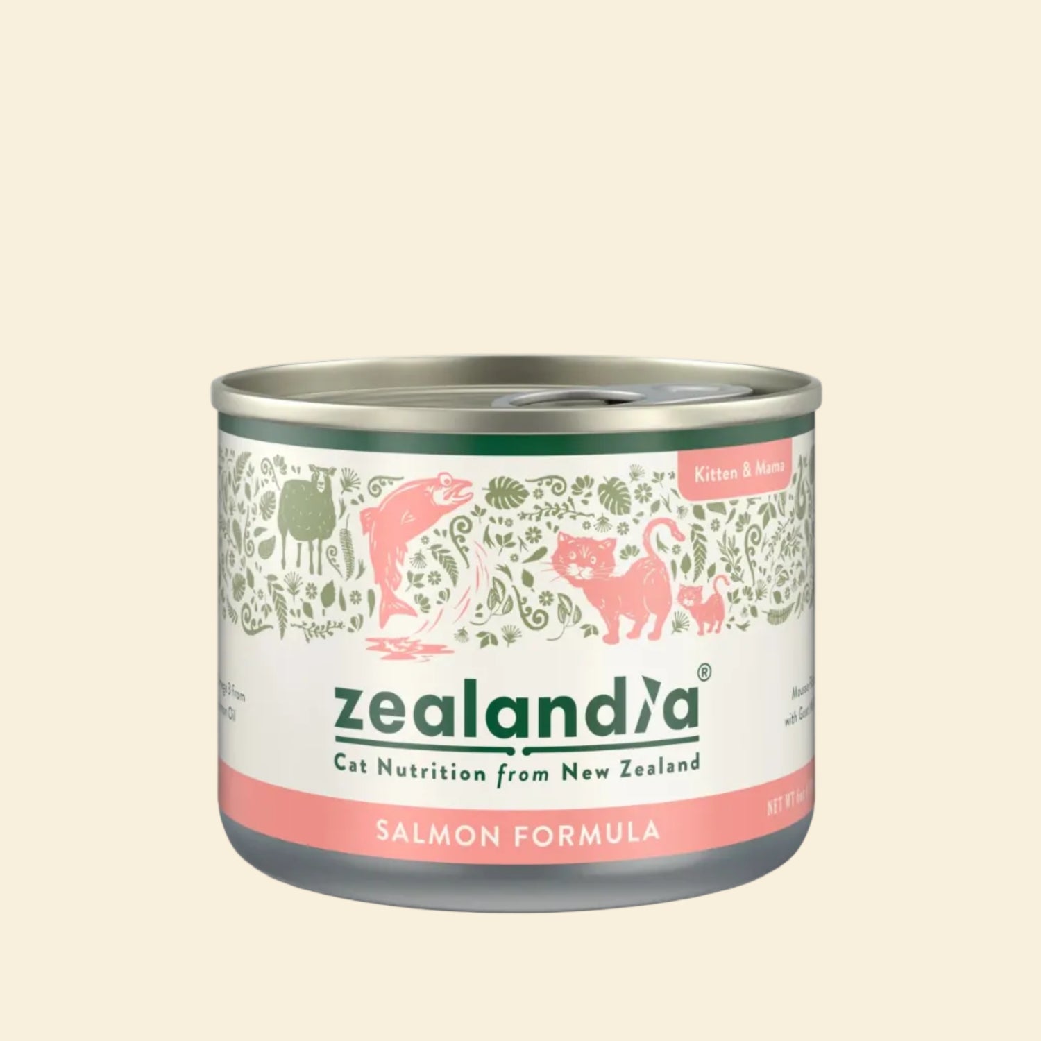 Front view of the ZEALANDIA Salmon Mousse Pâté Kitten &amp; Mama wet cat food can, featuring elegant botanical illustrations and a salmon pink formula band.