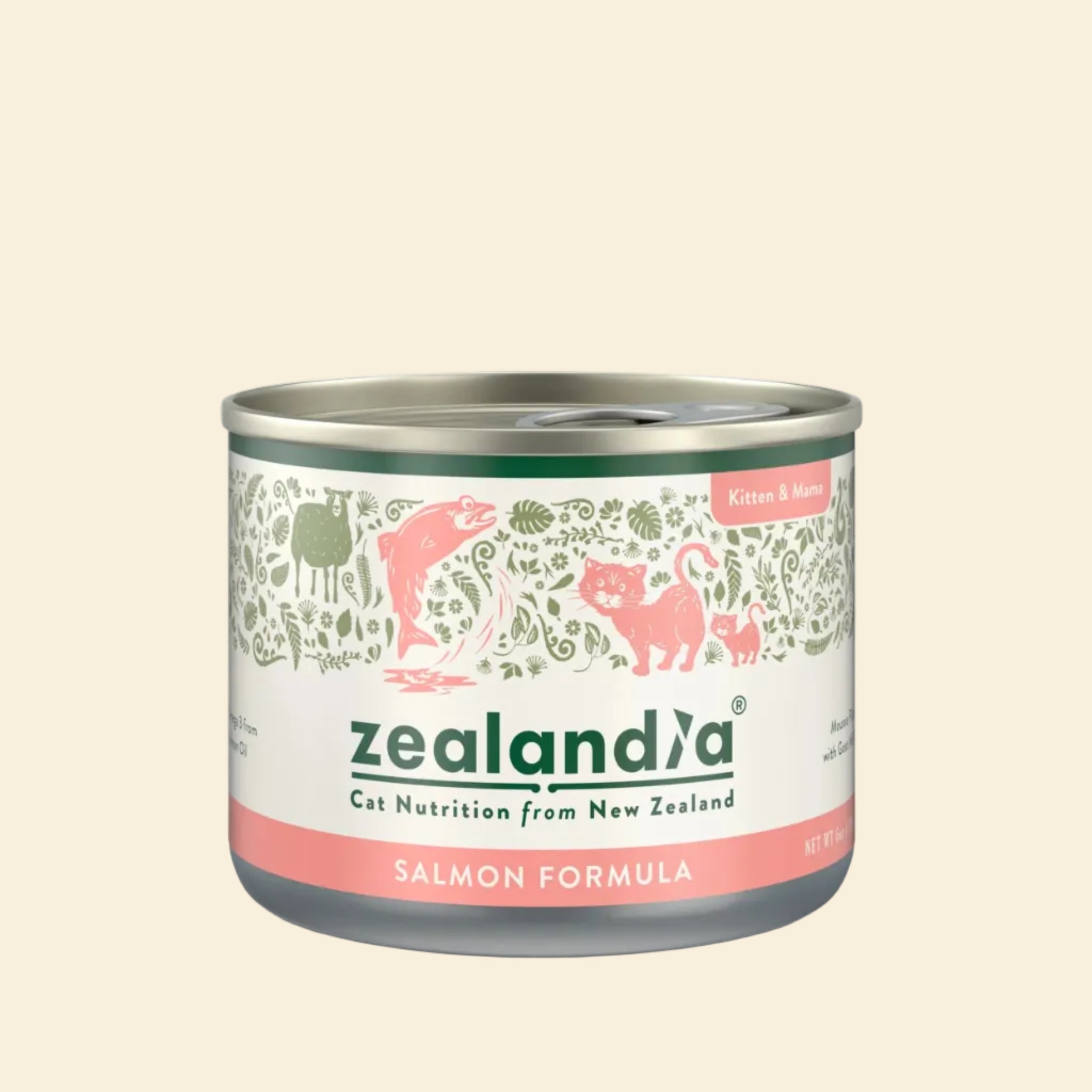 Front view of the ZEALANDIA Salmon Mousse Pâté Kitten &amp; Mama wet cat food can, featuring elegant botanical illustrations and a salmon pink formula band.