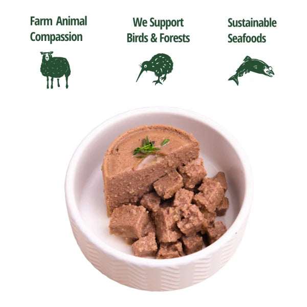 A bowl showing the soft, smooth, and easily mashable texture of the ZEALANDIA mousse pâté, perfect for weaning kittens transitioning to solid food.