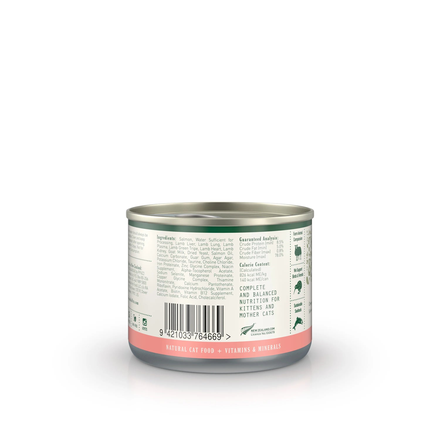 Side of the ZEALANDIA salmon wet cat food can displaying the Guaranteed Analysis, caloric content, and sustainable seafood and animal compassion icons.