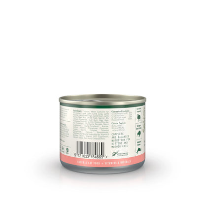 Side of the ZEALANDIA salmon wet cat food can displaying the Guaranteed Analysis, caloric content, and sustainable seafood and animal compassion icons.