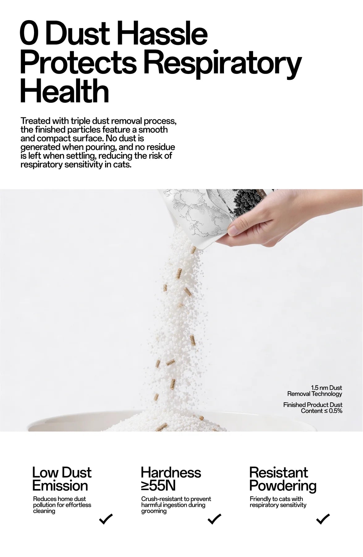 A hand pouring FluffyMW cat litter, highlighting the zero dust emission technology that protects cats&