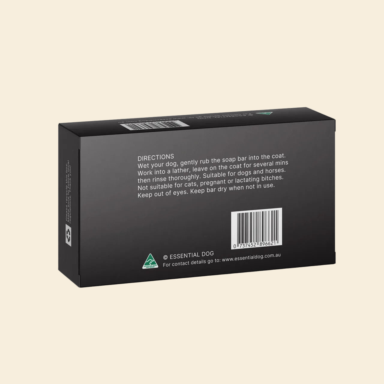 Back of the shampoo bar packaging showing directions: Rub directly onto coat for a rich lather. Preservative-free formula with neem leaves to repel outdoor nasties