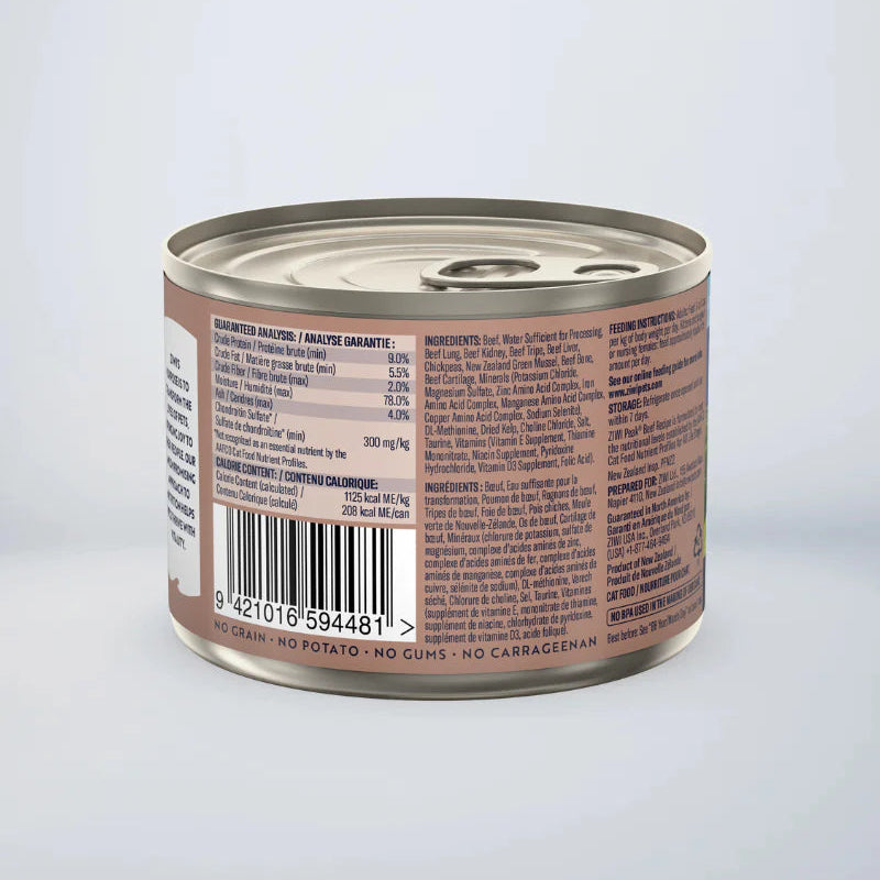 ZIWI Peak Canned Cat Food, Beef Recipe, back view displaying barcode and nutritional panel