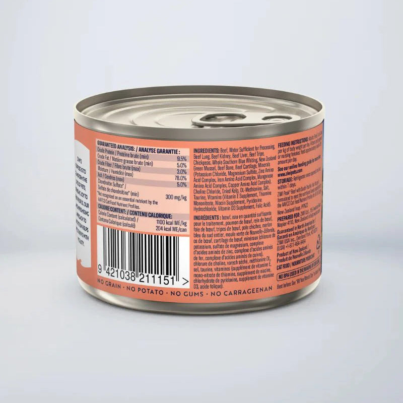 ZIWI Peak Canned Cat Food, Beef with South Pacific Fish Recipe, back view displaying barcode and nutritional panel