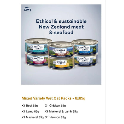 A stack of six 85g ZIWI Peak wet cat food cans highlighting ethical and sustainable New Zealand meat and seafood, alongside a text list of the six premium recipes included.