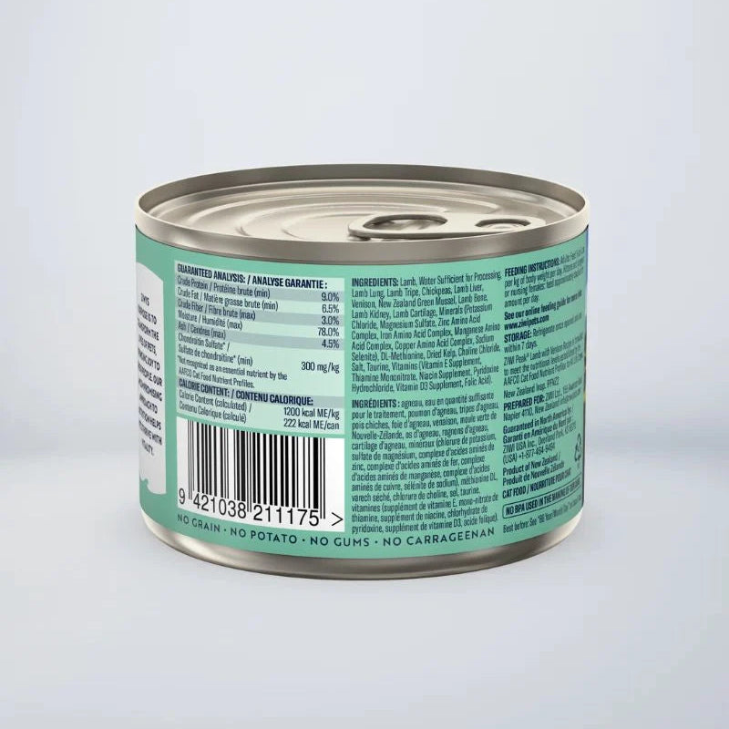 ZIWI Peak Canned Cat Food, Lamb with Venison Recipe, back view displaying barcode and nutritional panel