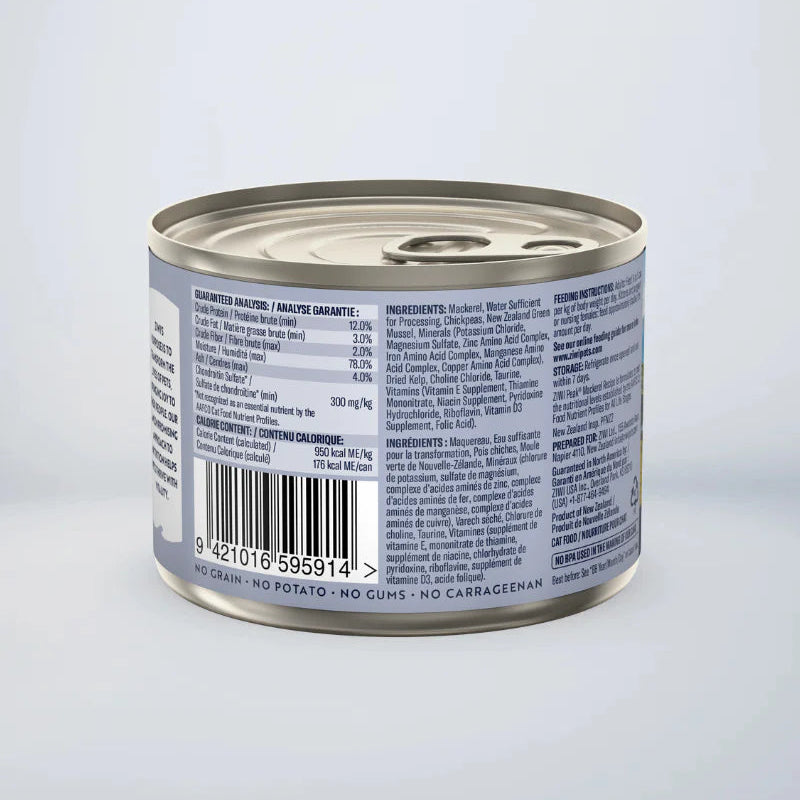 ZIWI Peak Canned Cat Food, Mackerel Recipe, 185g back view displaying barcode, ingredients, and nutritional panel
