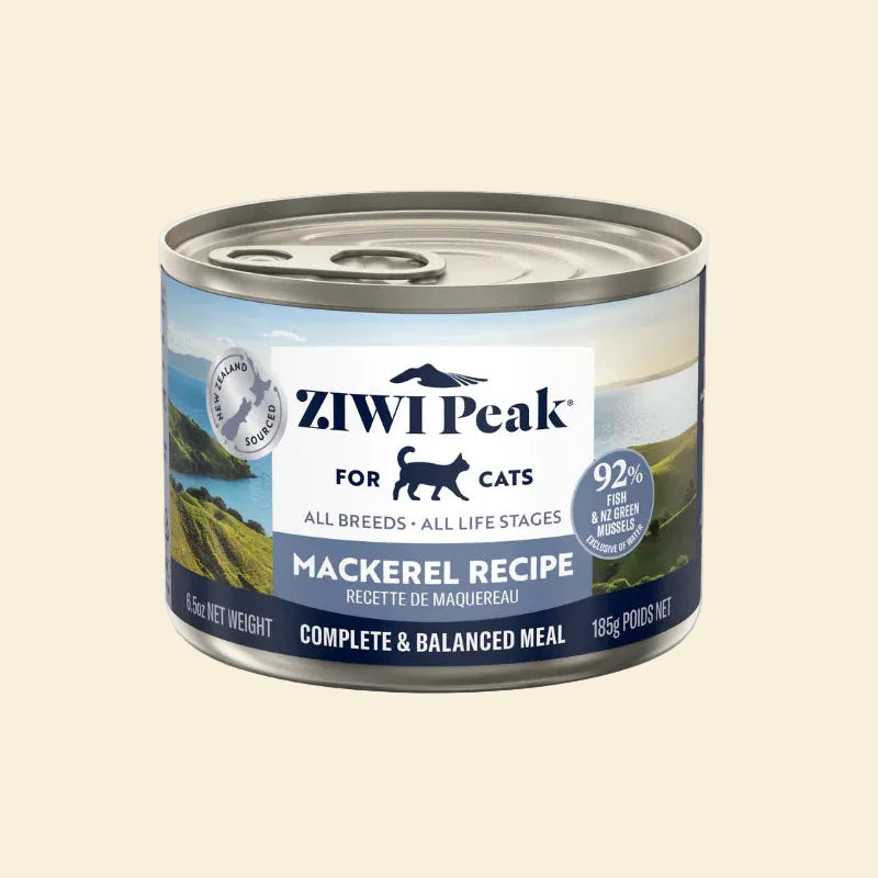 ZIWI Peak Canned Cat Food, Mackerel Recipe, 185g front view showcasing brand logo and recipe name