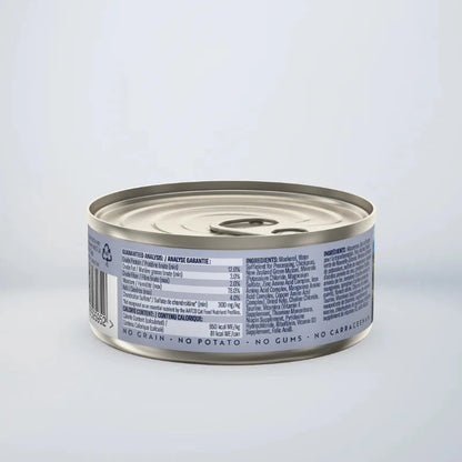 ZIWI Peak Canned Cat Food, Mackerel Recipe, 85g back view displaying barcode, ingredients, and nutritional panel