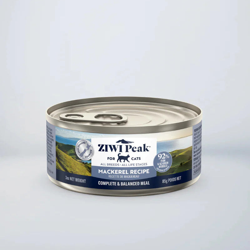 ZIWI Peak Canned Cat Food, Mackerel Recipe, 85g front view showcasing brand logo and recipe name