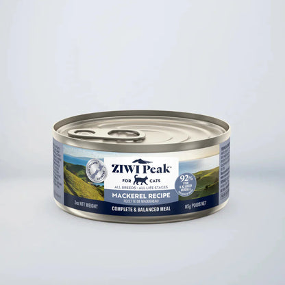 ZIWI Peak Canned Cat Food, Mackerel Recipe, 85g front view showcasing brand logo and recipe name