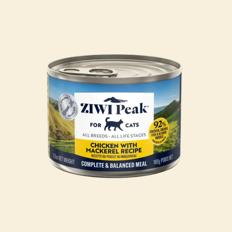 Front view of the 185g ZIWI Peak Chicken with Mackerel Recipe wet cat food can, featuring a complete and balanced meal for cats of all breeds and life stages.