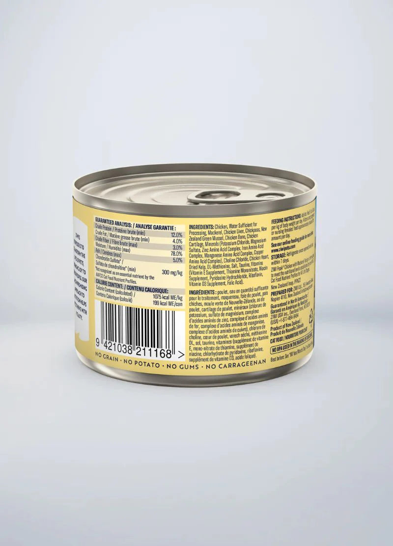 Back of the 185g ZIWI Peak Chicken with Mackerel wet cat food can, displaying feeding instructions, full nutritional facts, and ingredient details.