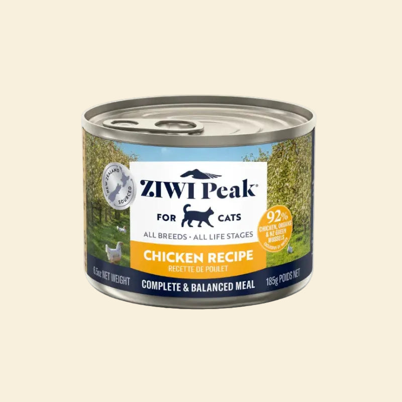 Front view of the 185g ZIWI Peak Original Chicken Recipe wet cat food can, a highly palatable and moisture-rich everyday nutrition choice for cats of all life stages.
