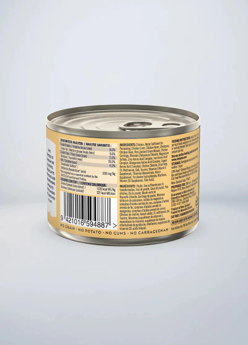 Back of the 185g ZIWI Peak Chicken Recipe wet cat food can, detailing the single-protein chicken ingredients, Z-BOOST superfood blend, and daily feeding guidelines.
