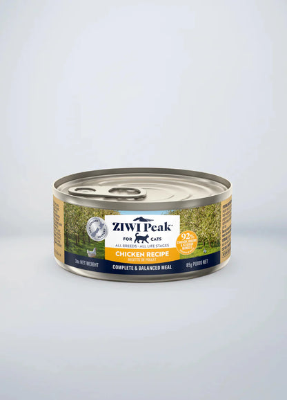 Front view of the 85g ZIWI Peak Original Chicken Recipe wet cat food can, featuring a complete and balanced meal made with 92% chicken, organs, and green mussels.