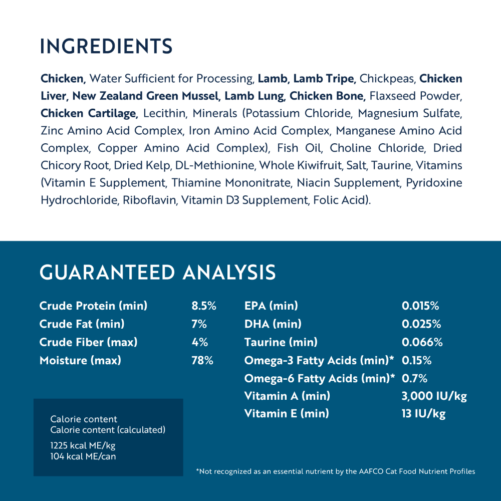 Ingredients and guaranteed analysis for ZIWI Peak Chicken with Lamb kitten food, including 8.5% protein, 7% fat and 78% moisture