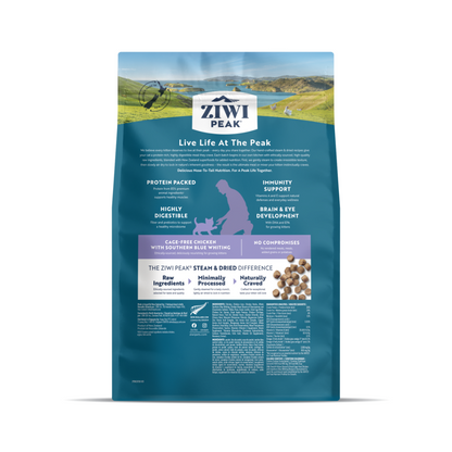 Back of the ZIWI Peak Steam &amp; Dried Chicken with Southern Blue Whiting kitten food 700g bag showing benefits, ingredients and nutritional information.